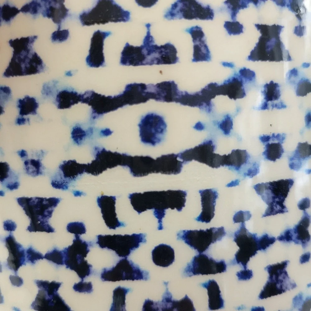Viva Terra Tall Canister Jesses Indigo Blue‎ White Bohemian Evil Eye Wood Base